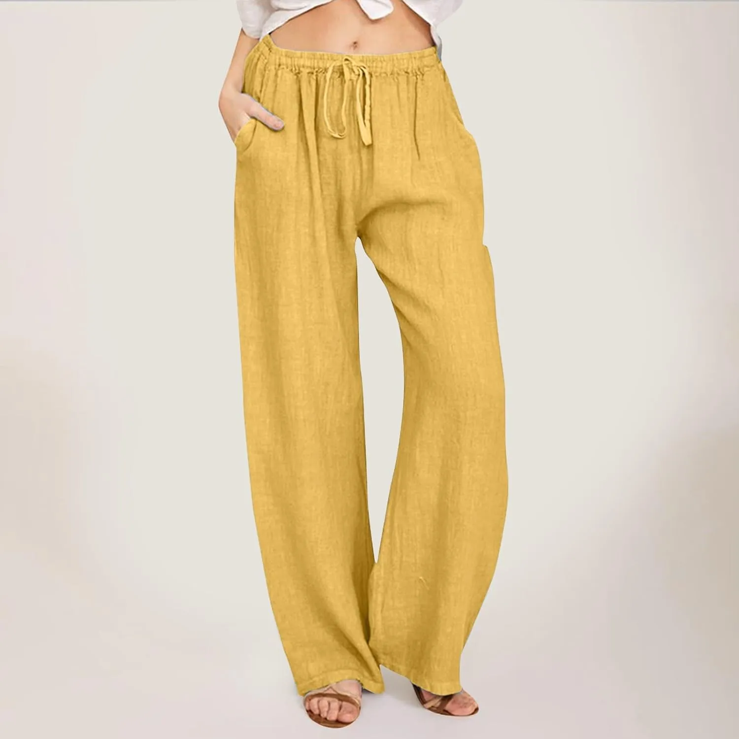 Womens Linen Blend Summer Pull On Palazzo Pants Elastic Waisted Bootcut Slim Fit Trouser Vacation