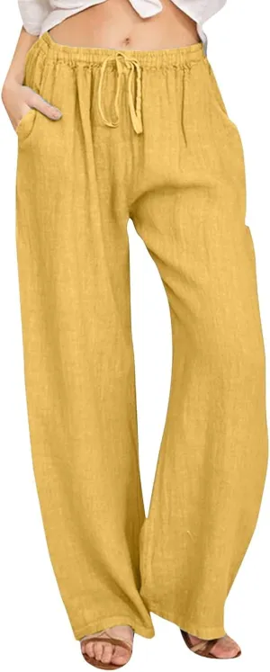 Womens Linen Blend Summer Pull On Palazzo Pants Elastic Waisted Bootcut Slim Fit Trouser Vacation
