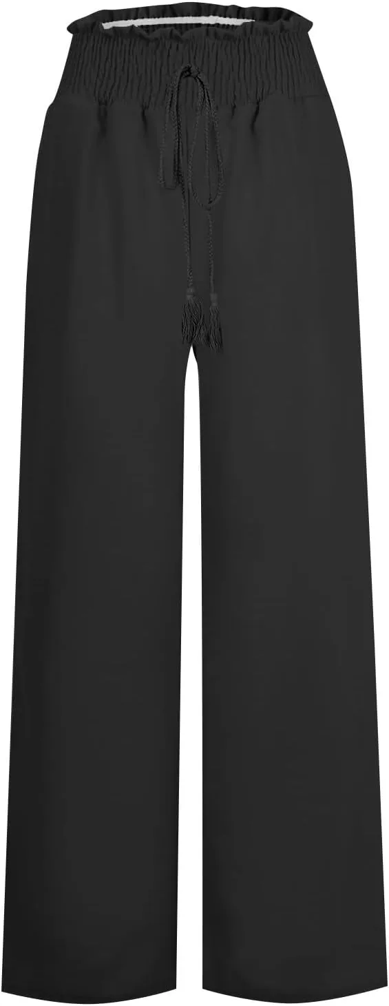 Womens Linen Blend Summer Solid Pant Trousers High Waist Stretchy Straight Slim Fit Pants Work Business
