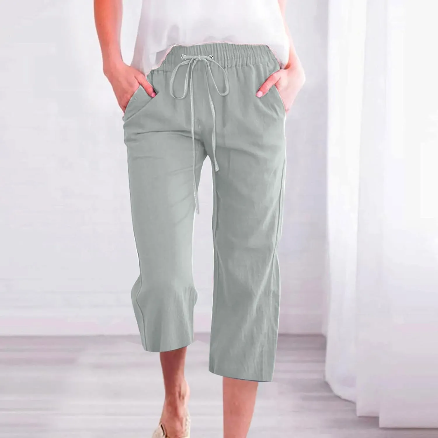 Womens Linen Blend Summer Striped Palazzo Lounge Pants High Waist Straight Plus Size Trousers Office
