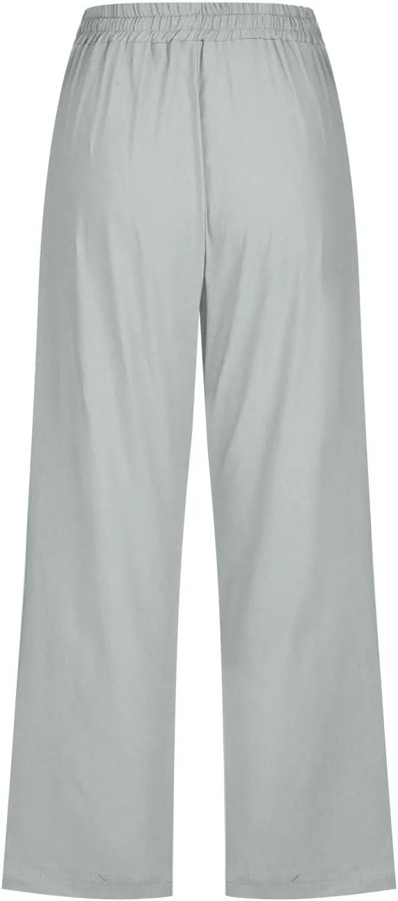 Womens Linen Blend Summer Striped Palazzo Lounge Pants High Waist Straight Plus Size Trousers Office