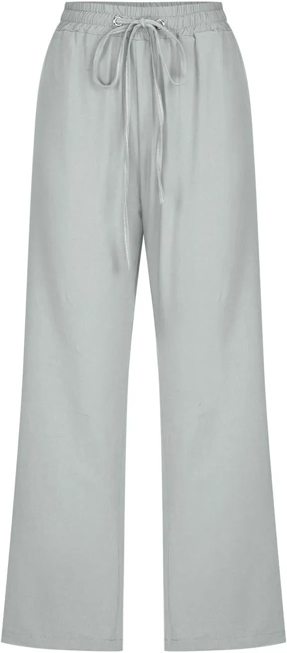 Womens Linen Blend Summer Striped Palazzo Lounge Pants High Waist Straight Plus Size Trousers Office