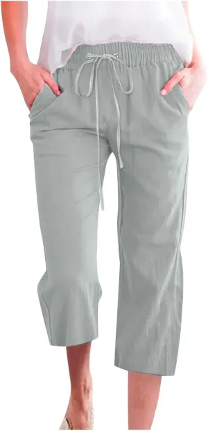Womens Linen Blend Summer Striped Palazzo Lounge Pants High Waist Straight Plus Size Trousers Office