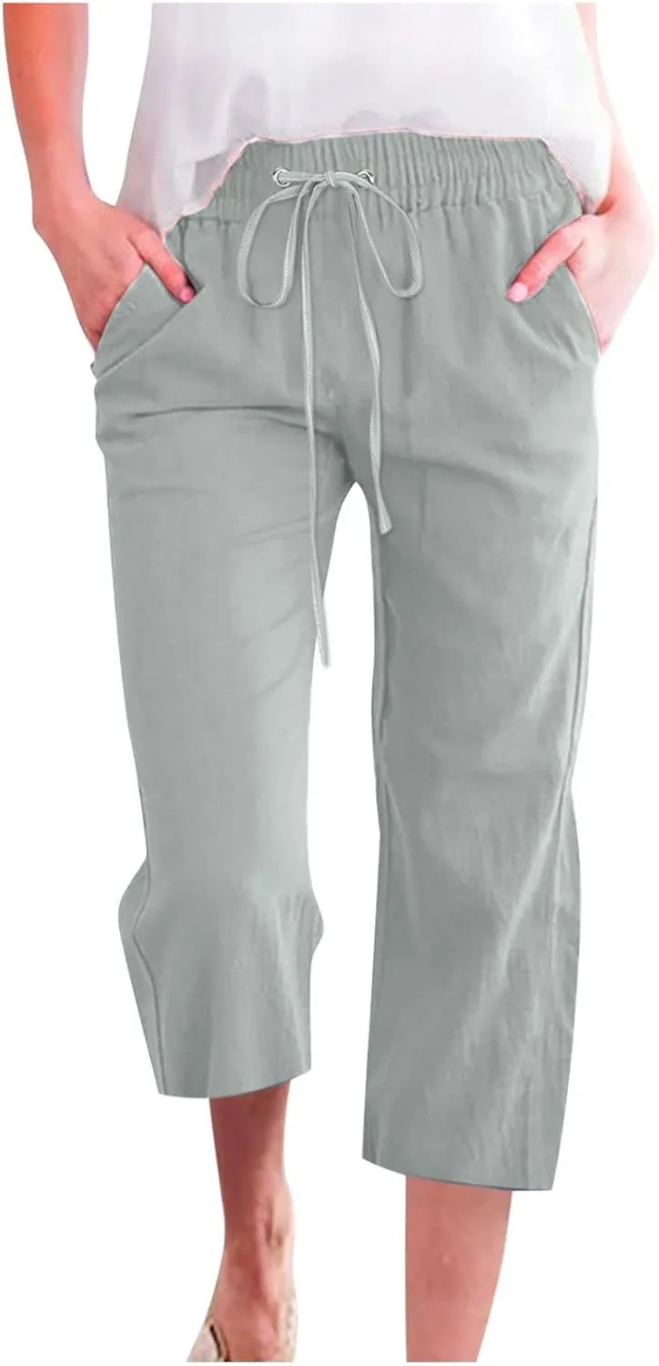 Womens Linen Blend Summer Striped Palazzo Lounge Pants High Waist Straight Plus Size Trousers Office