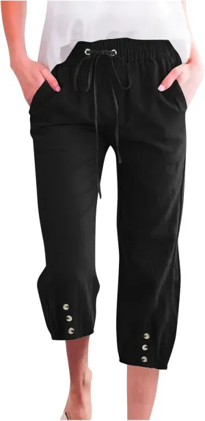 Womens Linen Capri Pants Straight Leg Elastic Waist Drawstring 2025 Summer Casual Lounge Trousers with Pockets