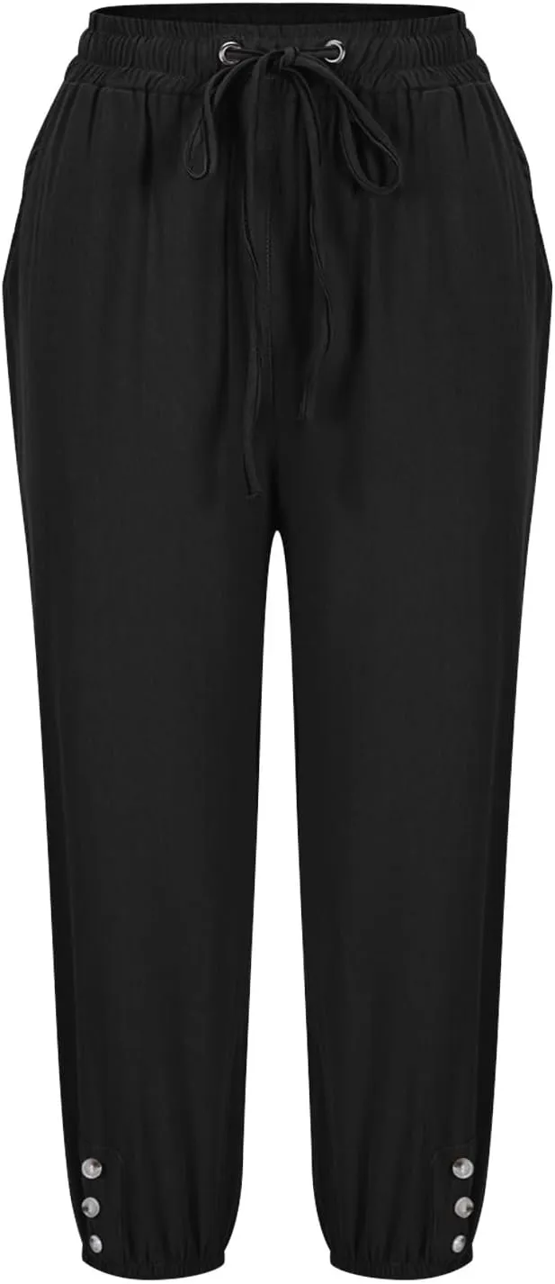 Womens Linen Capri Pants Straight Leg Elastic Waist Drawstring 2025 Summer Casual Lounge Trousers with Pockets