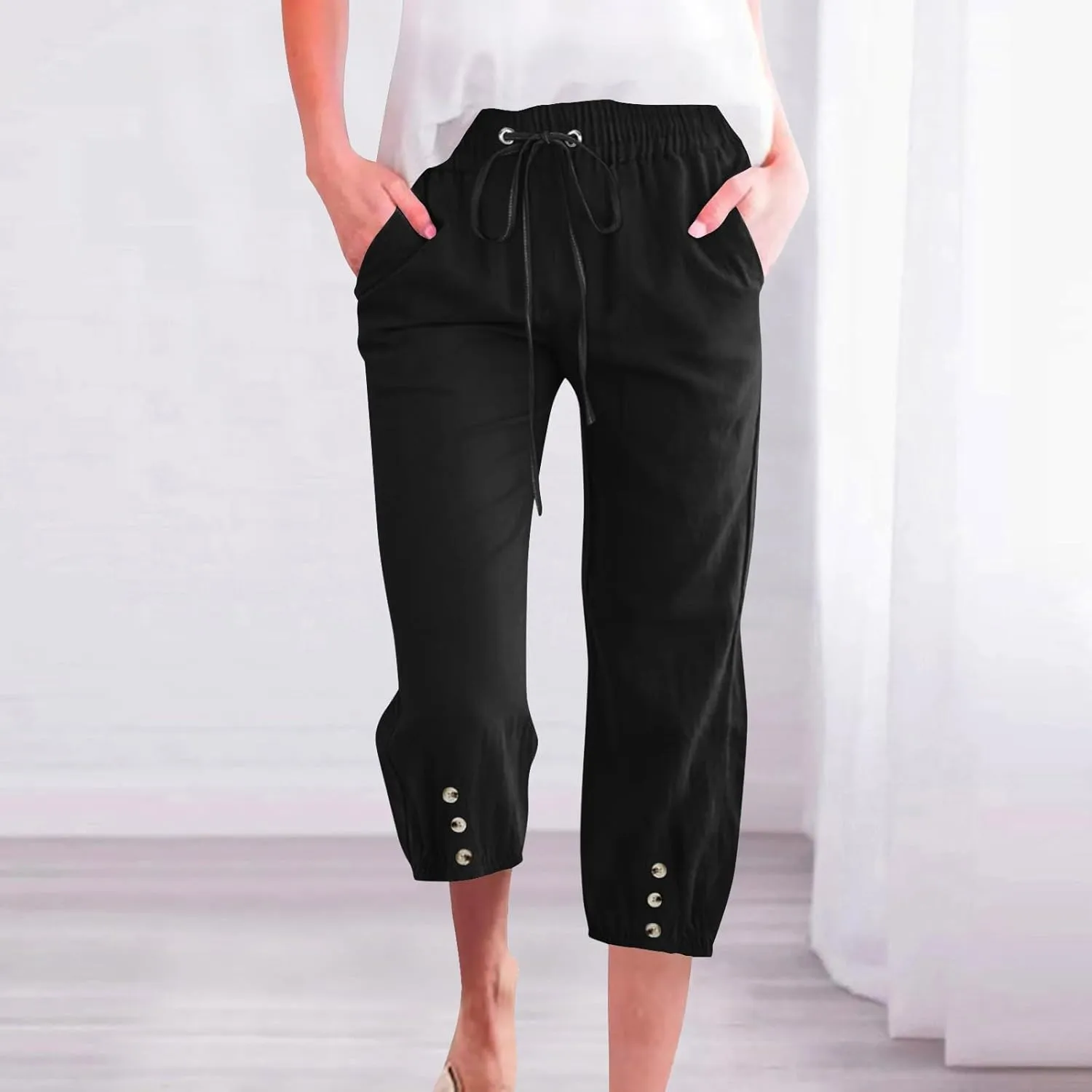 Womens Linen Capri Pants Straight Leg Elastic Waist Drawstring 2025 Summer Casual Lounge Trousers with Pockets