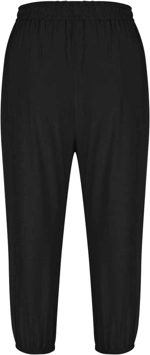 Womens Linen Capri Pants Straight Leg Elastic Waist Drawstring 2025 Summer Casual Lounge Trousers with Pockets