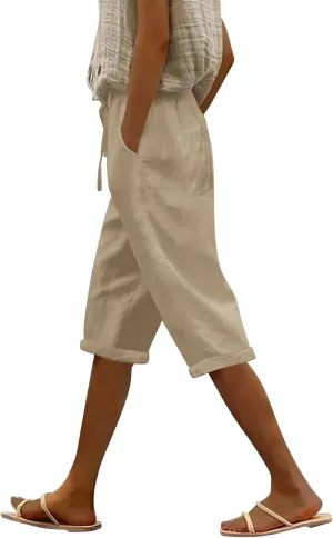 Women's Linen Capri Summer Striped Printed Causal Bermuda Elastic Waist Pants Plus Size Workout Lounge Beach Shorts