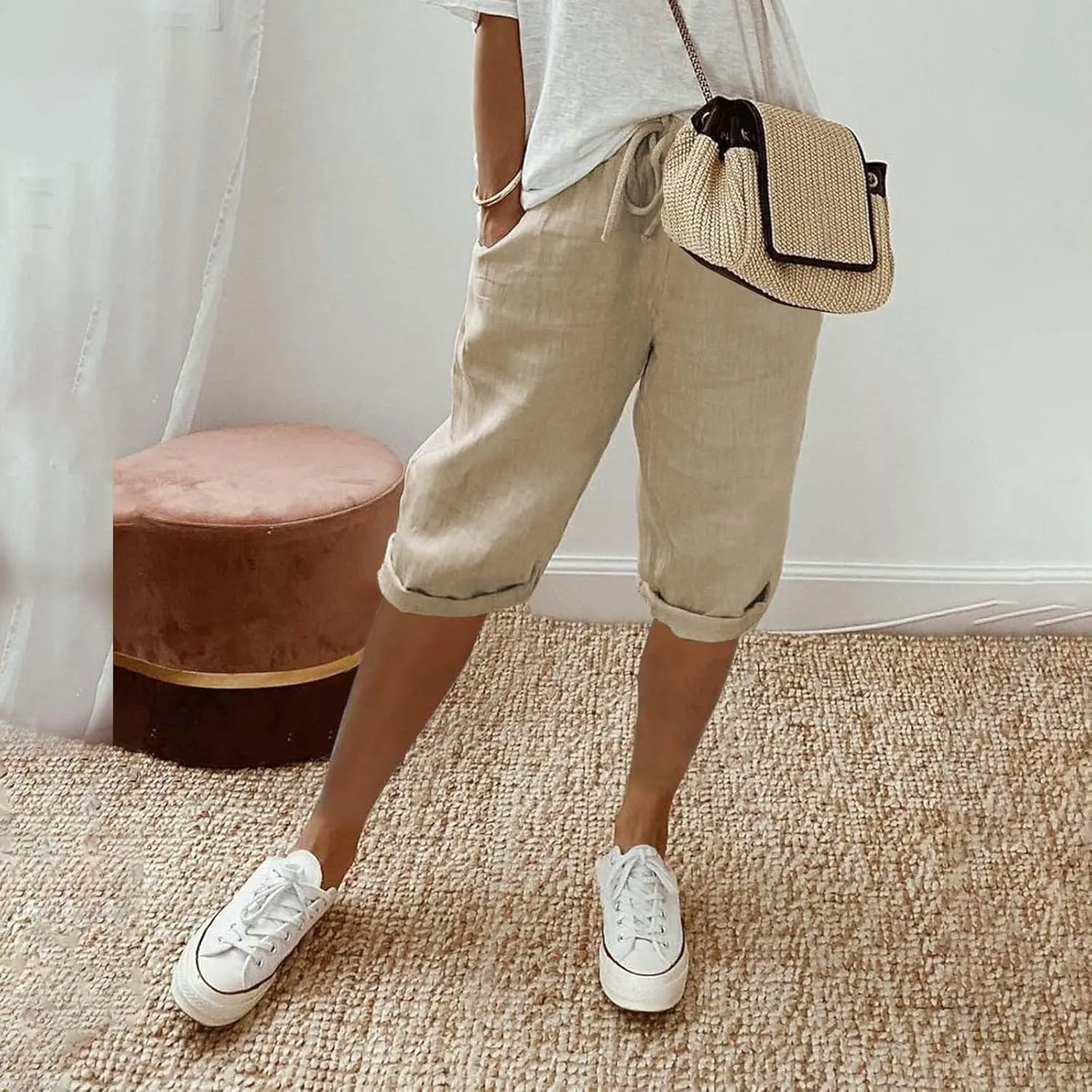 Women's Linen Capri Summer Striped Printed Causal Bermuda Elastic Waist Pants Plus Size Workout Lounge Beach Shorts