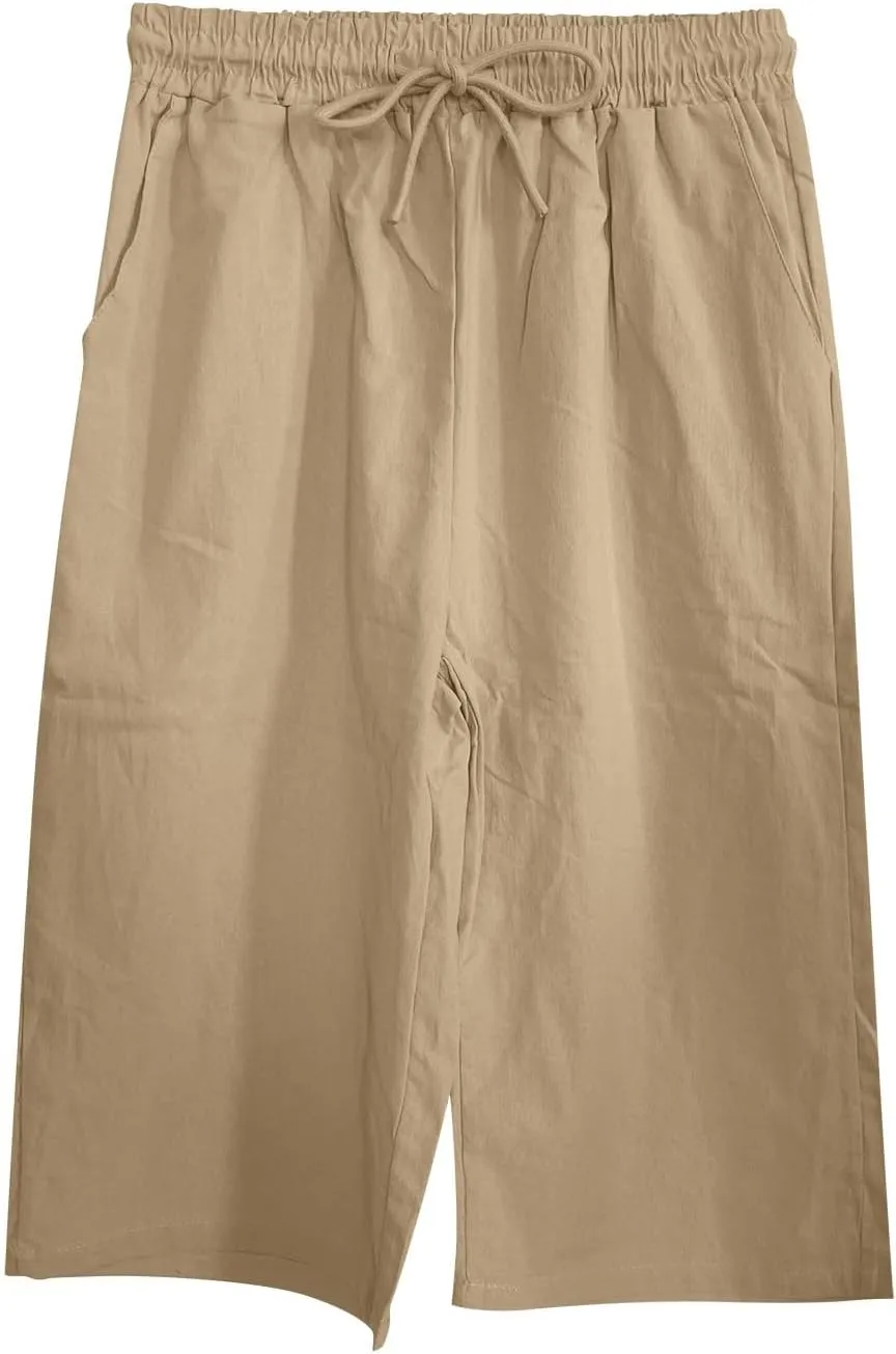 Women's Linen Capri Summer Striped Printed Causal Bermuda Elastic Waist Pants Plus Size Workout Lounge Beach Shorts