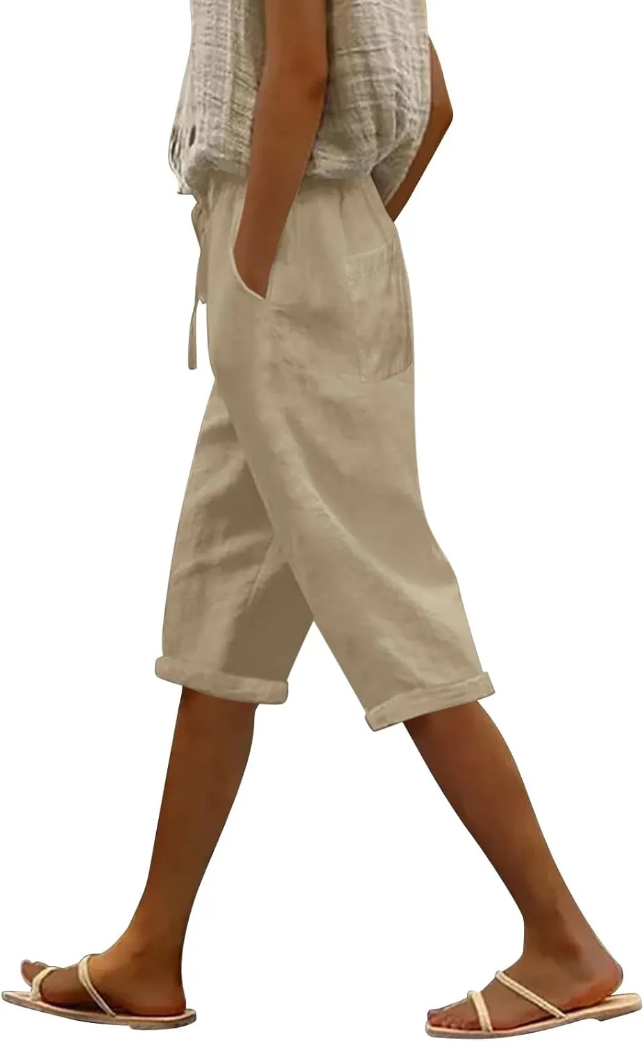 Women's Linen Capri Summer Striped Printed Causal Bermuda Elastic Waist Pants Plus Size Workout Lounge Beach Shorts
