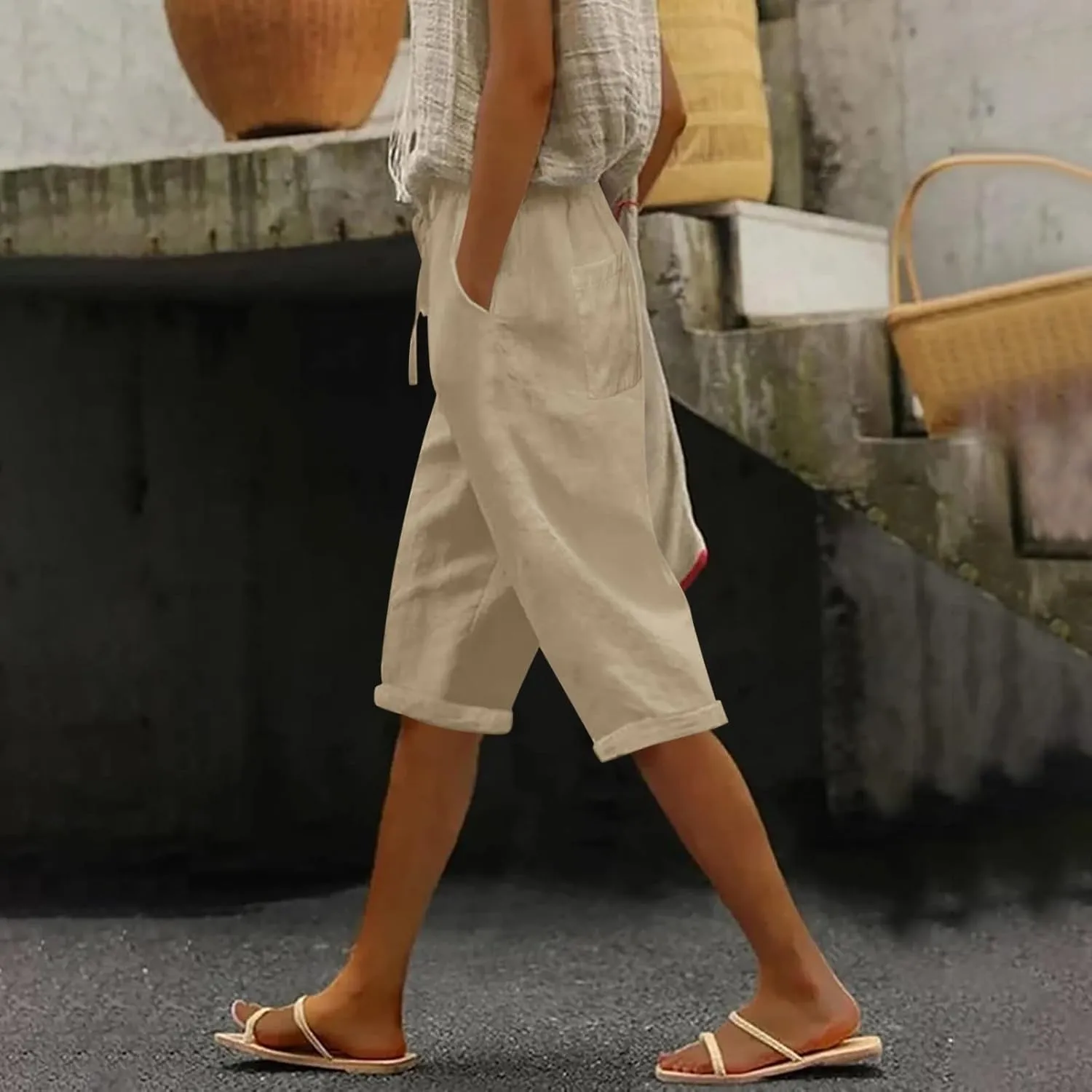Women's Linen Capri Summer Striped Printed Causal Bermuda Elastic Waist Pants Plus Size Workout Lounge Beach Shorts