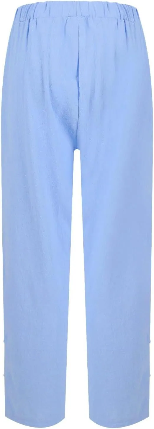 Womens Linen Harem Pants Hollow Elastic Waist Casual Beach Pants Summer Boho Baggy Wide Leg Trousers with Pockets