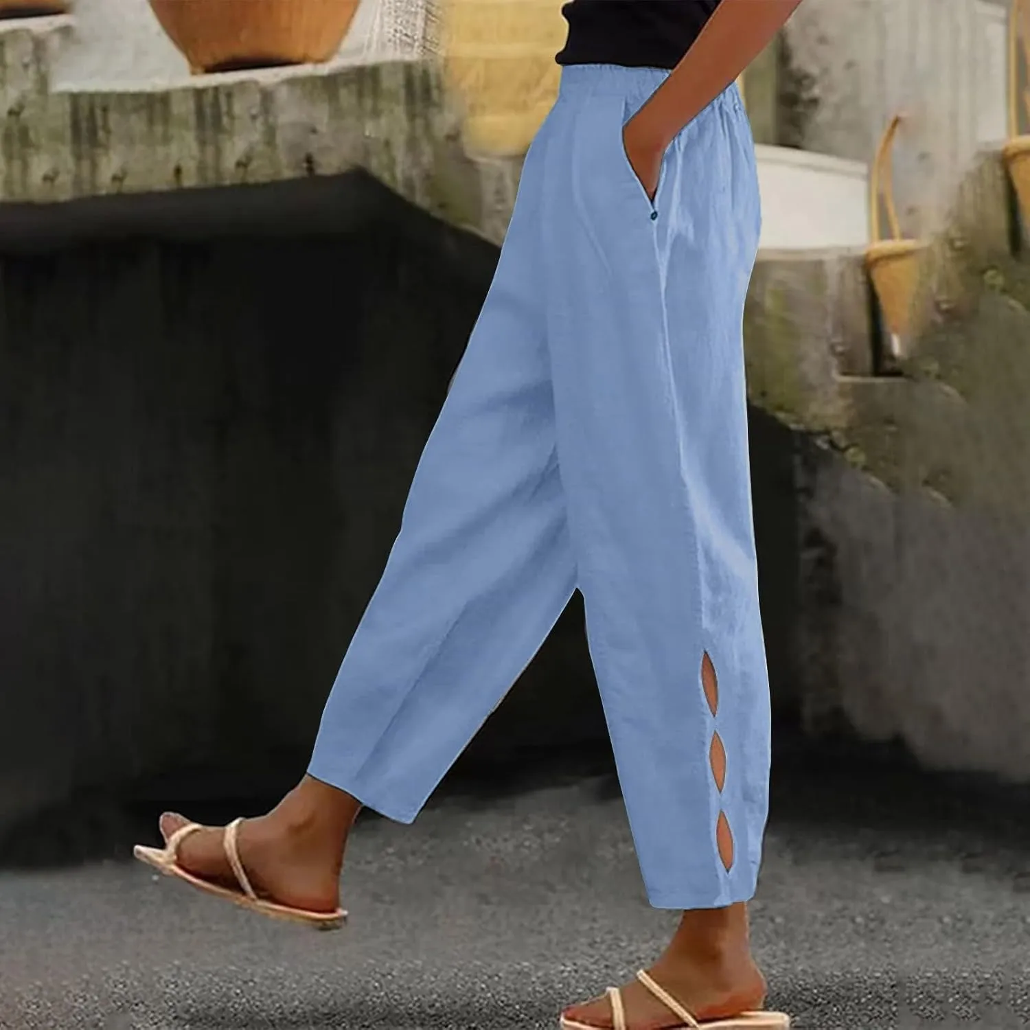 Womens Linen Harem Pants Hollow Elastic Waist Casual Beach Pants Summer Boho Baggy Wide Leg Trousers with Pockets