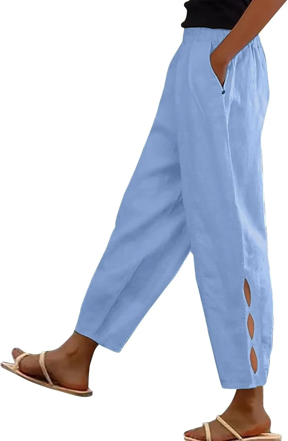 Womens Linen Harem Pants Hollow Elastic Waist Casual Beach Pants Summer Boho Baggy Wide Leg Trousers with Pockets