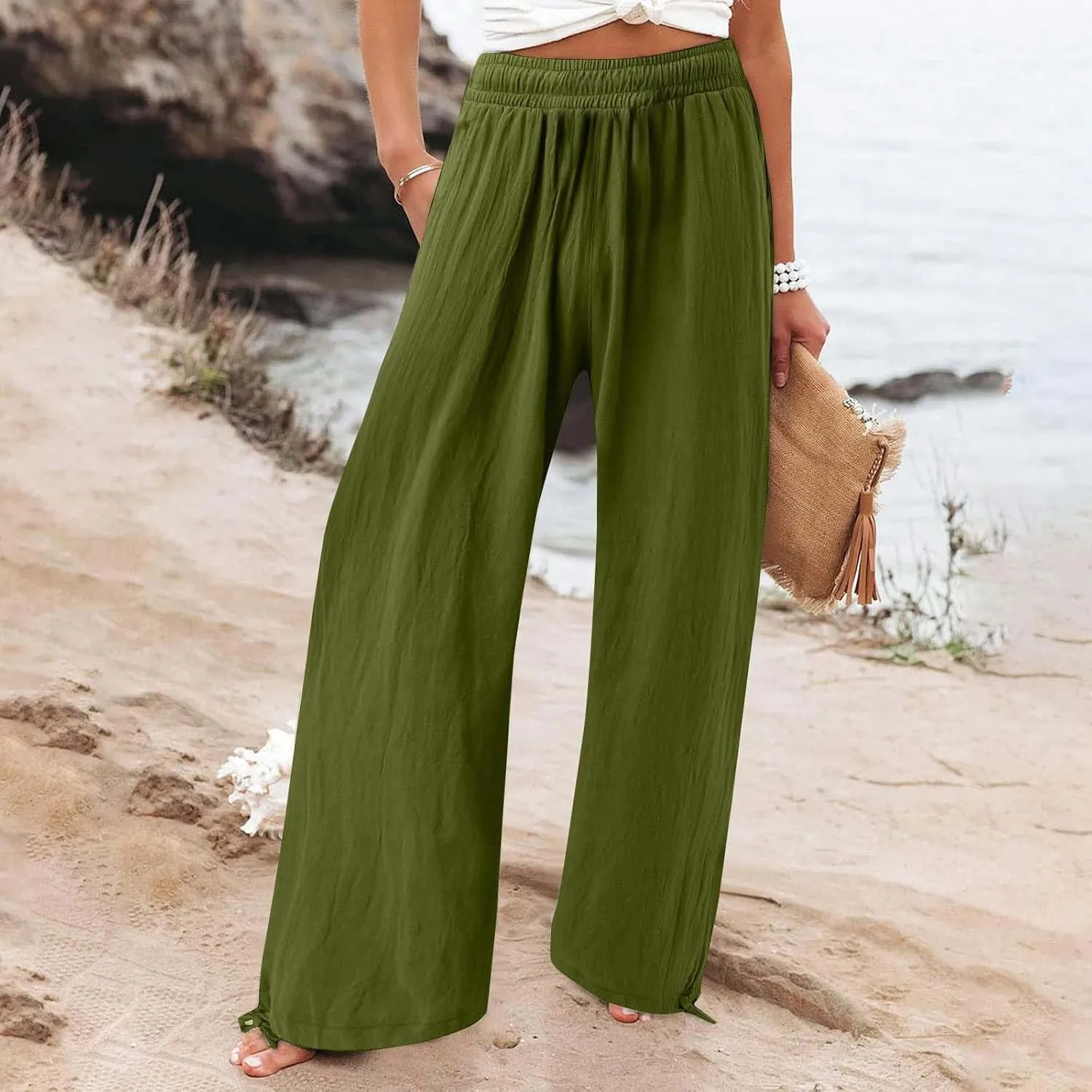 Womens Linen Pant 2025 Summer Casual Wide Leg Palazzo Pant Loose Smocked High Waist Work Slack Flowy Beach Trousers