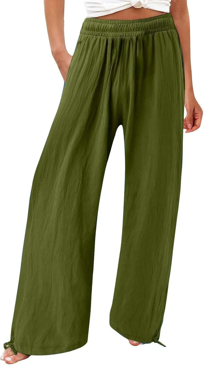Womens Linen Pant 2025 Summer Casual Wide Leg Palazzo Pant Loose Smocked High Waist Work Slack Flowy Beach Trousers