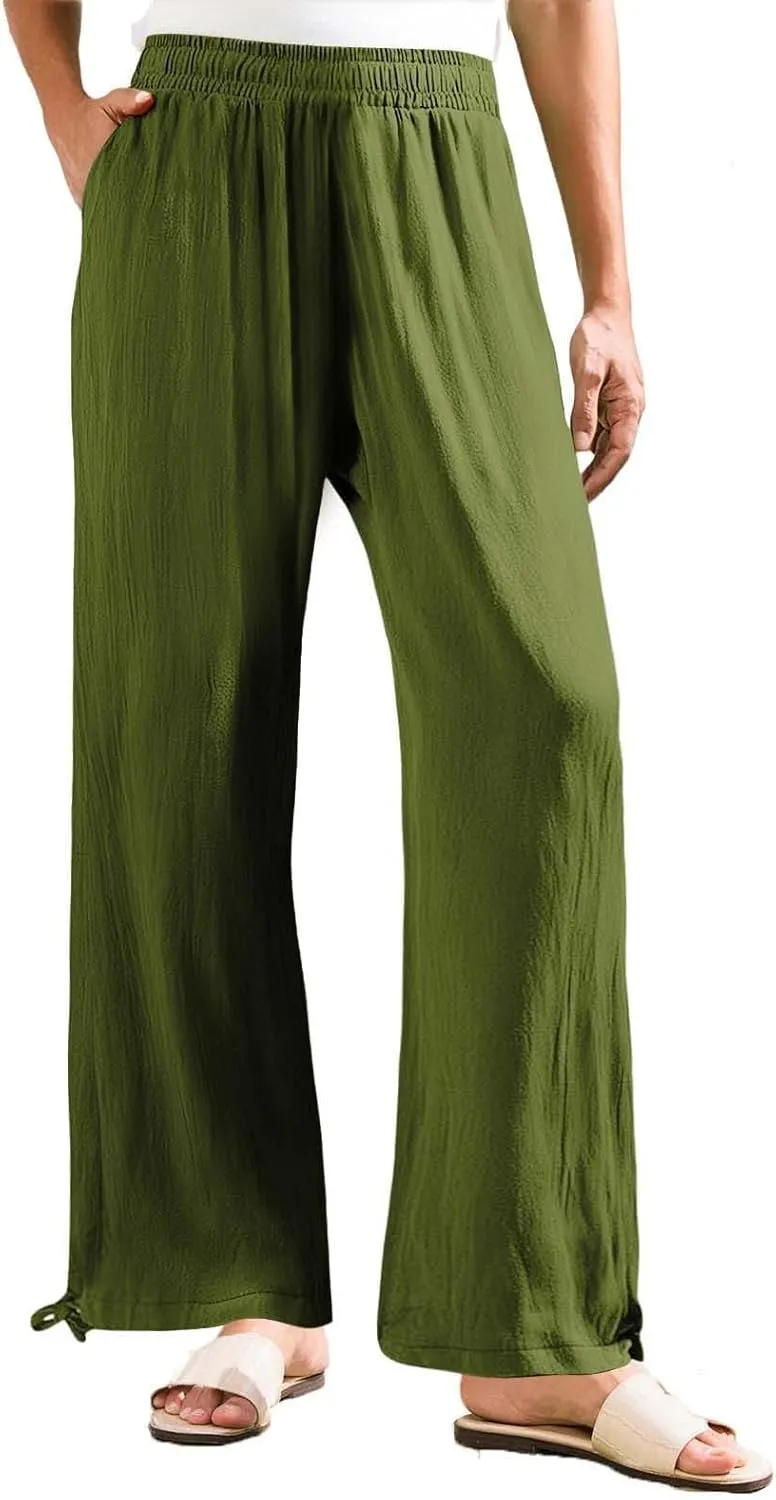 Womens Linen Pant 2025 Summer Casual Wide Leg Palazzo Pant Loose Smocked High Waist Work Slack Flowy Beach Trousers