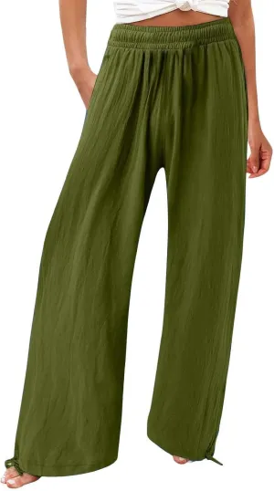 Womens Linen Pant 2025 Summer Casual Wide Leg Palazzo Pant Loose Smocked High Waist Work Slack Flowy Beach Trousers