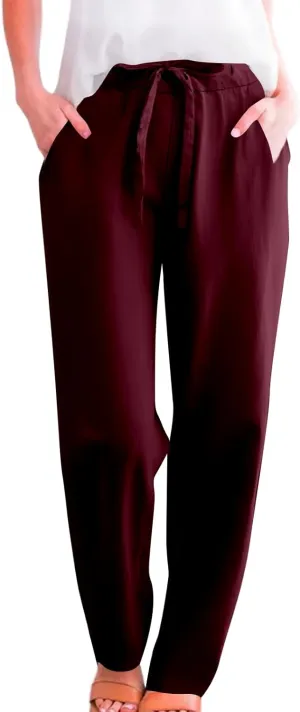 Womens Linen Pants 2025 Summer Casual Straight Dress High Elastic Waist Long Pants Casual Lounge Trousers Outfits