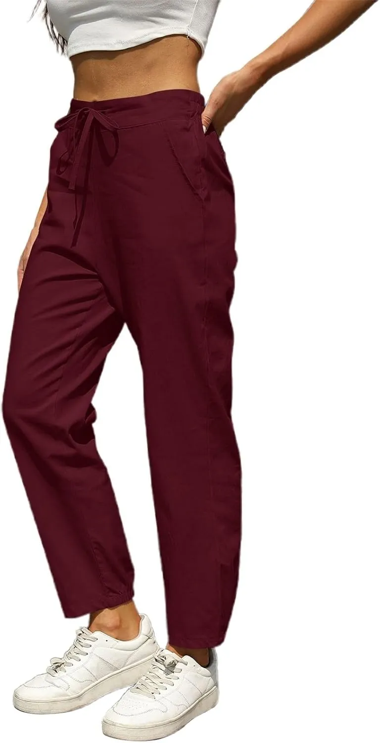 Womens Linen Pants 2025 Summer Casual Straight Dress High Elastic Waist Long Pants Casual Lounge Trousers Outfits