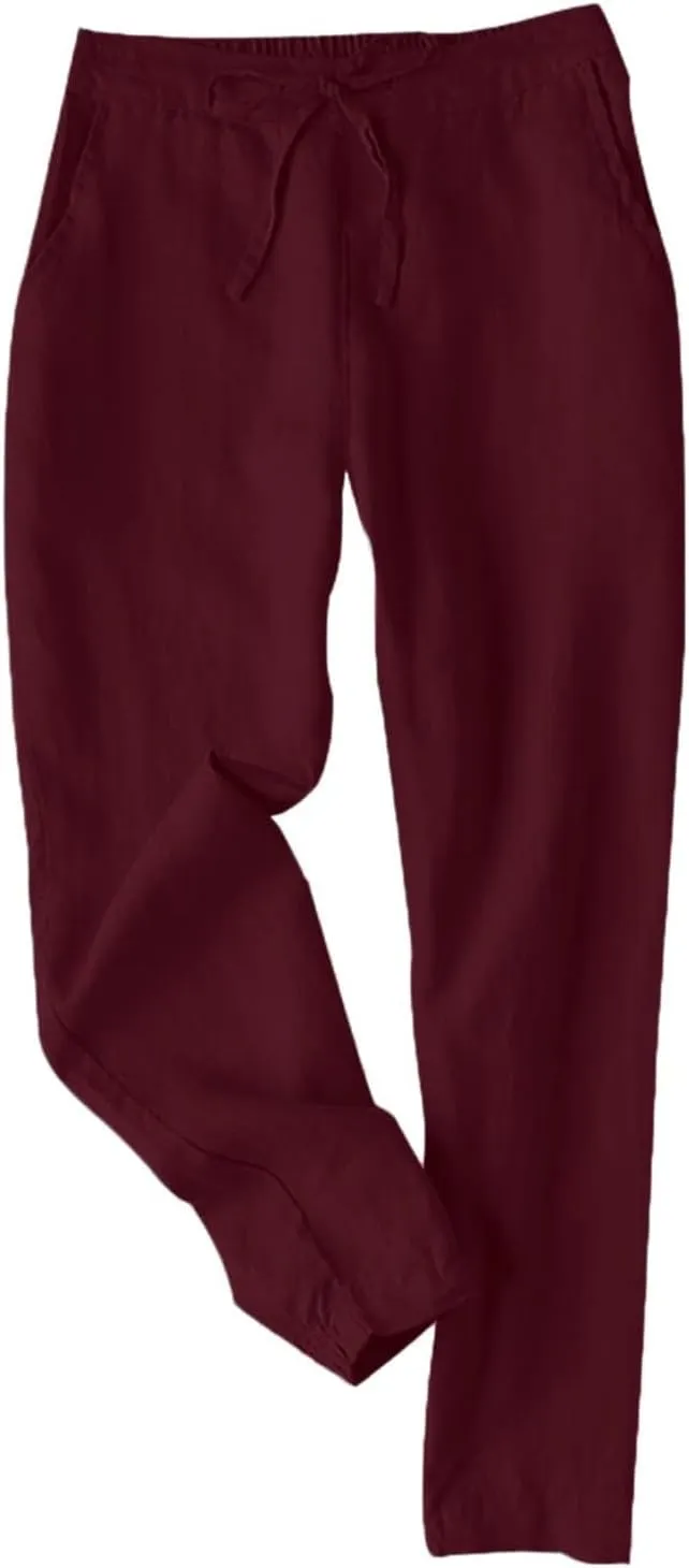 Womens Linen Pants 2025 Summer Casual Straight Dress High Elastic Waist Long Pants Casual Lounge Trousers Outfits