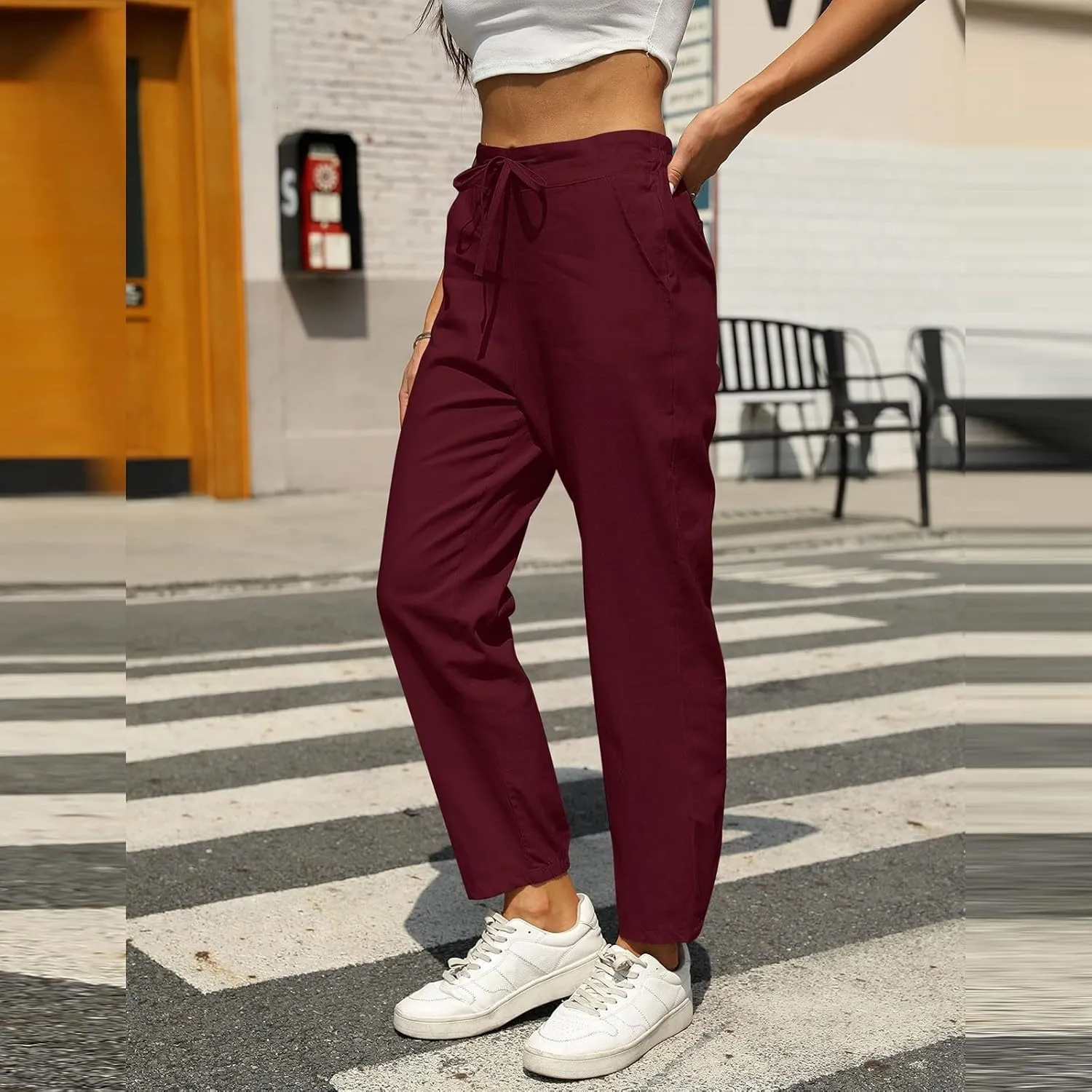Womens Linen Pants 2025 Summer Casual Straight Dress High Elastic Waist Long Pants Casual Lounge Trousers Outfits