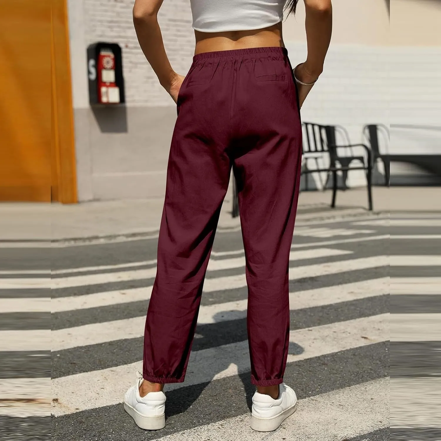 Womens Linen Pants 2025 Summer Casual Straight Dress High Elastic Waist Long Pants Casual Lounge Trousers Outfits