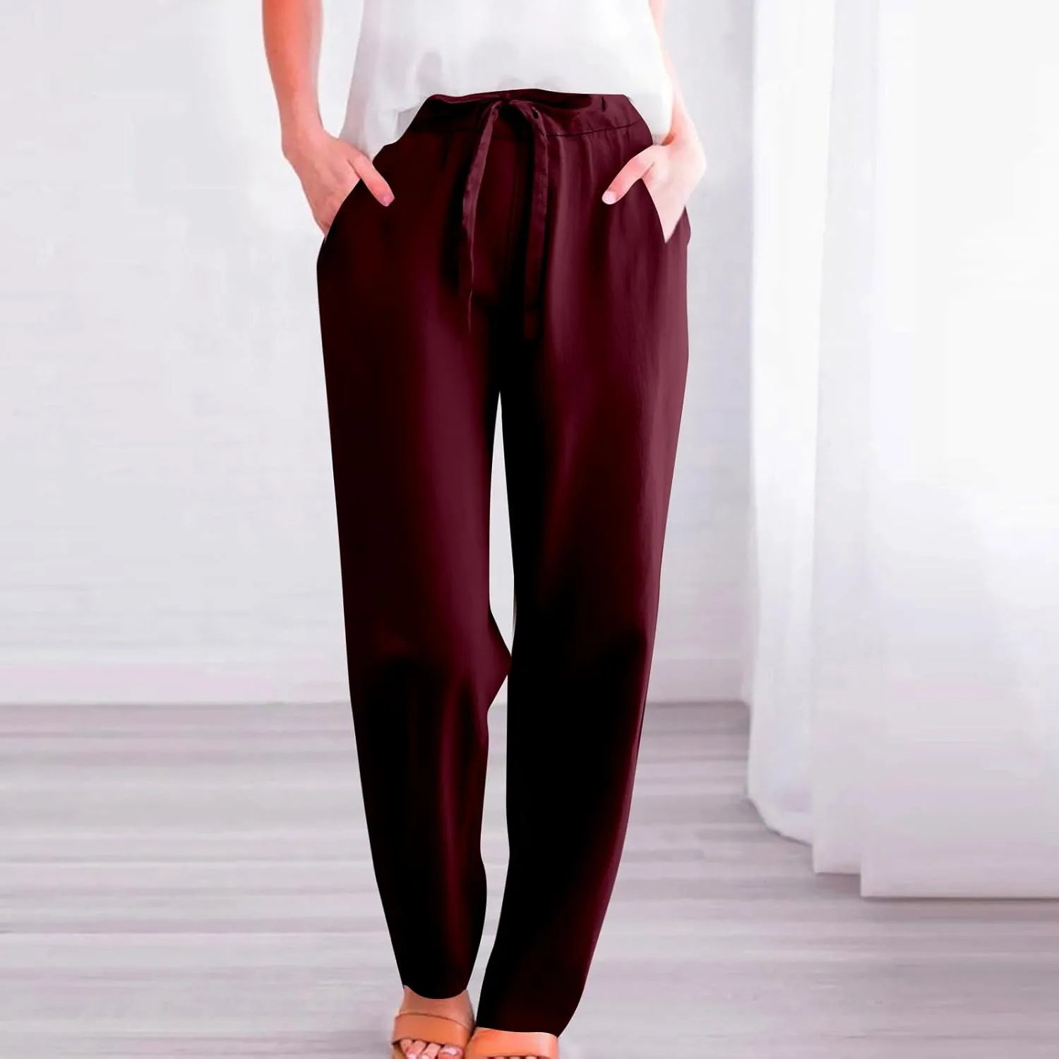Womens Linen Pants 2025 Summer Casual Straight Dress High Elastic Waist Long Pants Casual Lounge Trousers Outfits