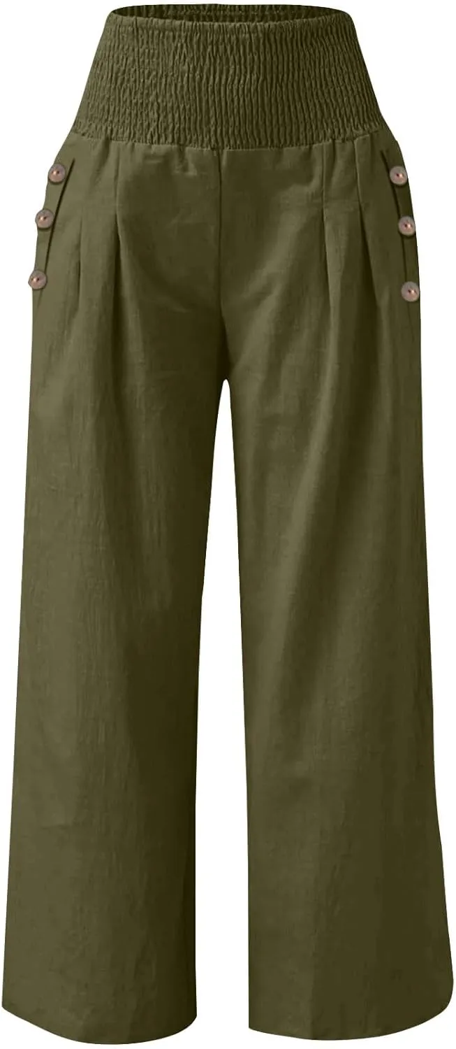 Womens Linen Pants 2025 Summer Casual Wide Leg Palazzo Pants Loose Smocked High Waist Work Slack Flowy Beach Trousers