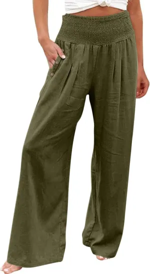Womens Linen Pants 2025 Summer Casual Wide Leg Palazzo Pants Loose Smocked High Waist Work Slack Flowy Beach Trousers