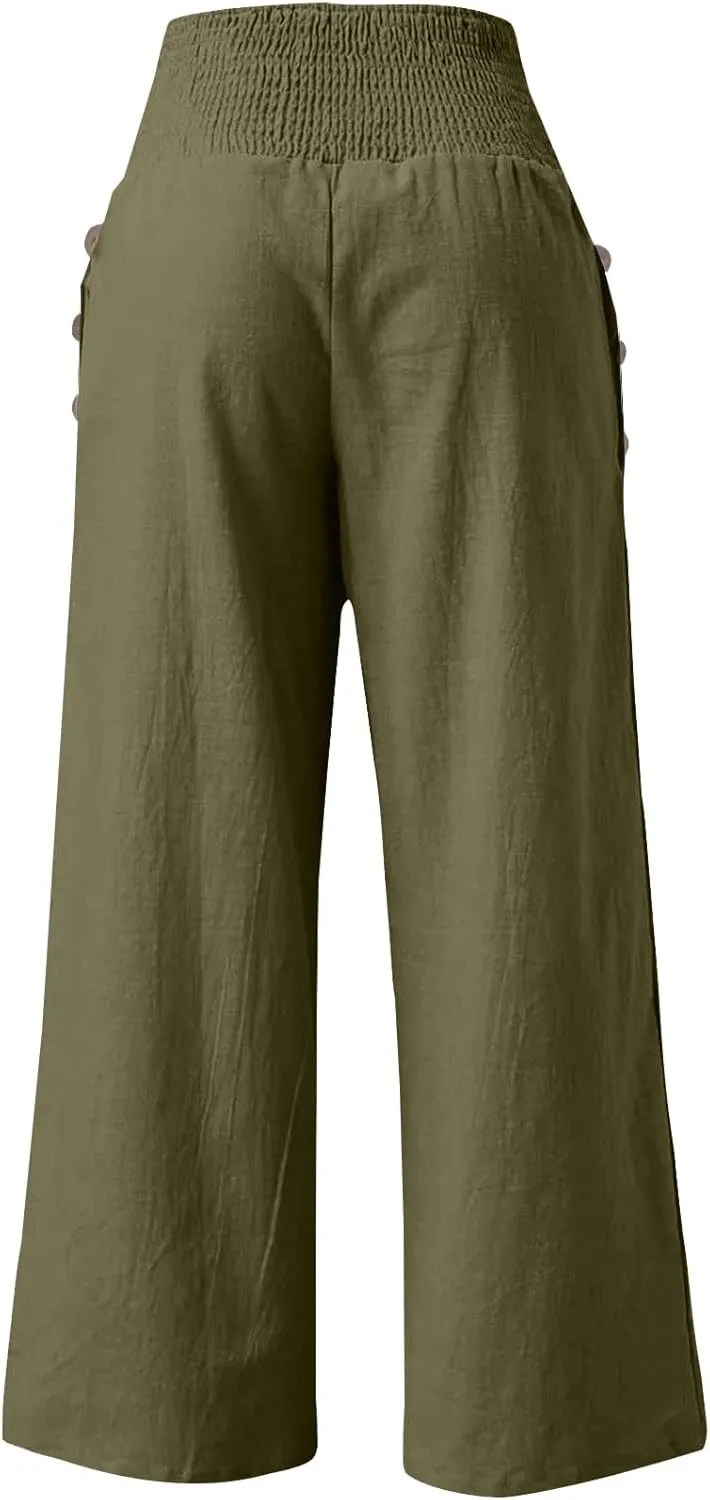 Womens Linen Pants 2025 Summer Casual Wide Leg Palazzo Pants Loose Smocked High Waist Work Slack Flowy Beach Trousers
