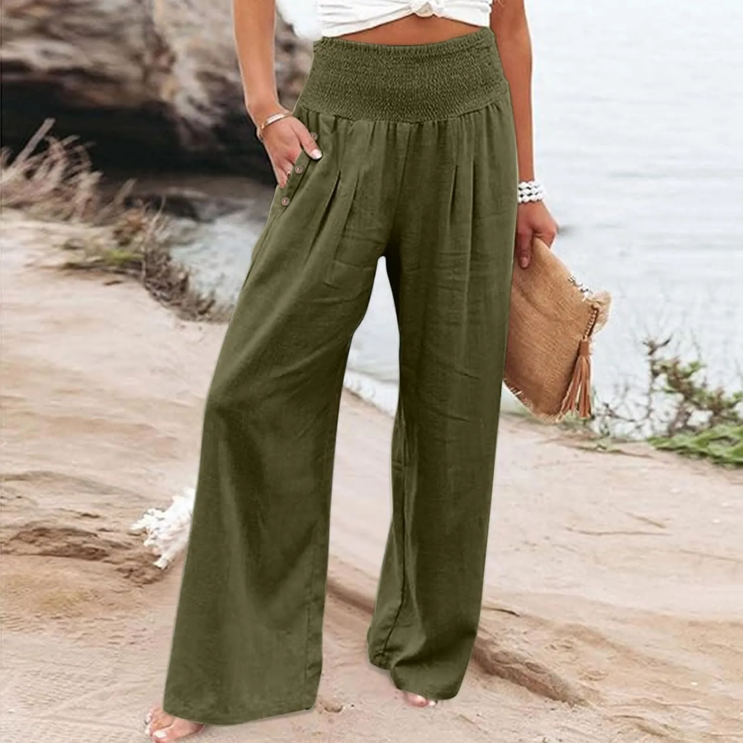 Womens Linen Pants 2025 Summer Casual Wide Leg Palazzo Pants Loose Smocked High Waist Work Slack Flowy Beach Trousers