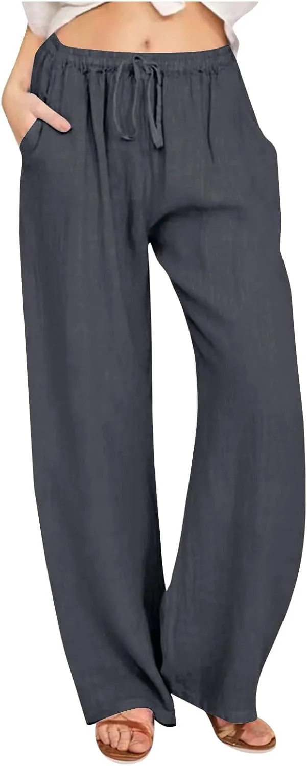 Women's Linen Pants - Solid Color Drawstring Waist Wide Leg Casual Trousers, Loose Fit Long Palazzo Lounge Pants