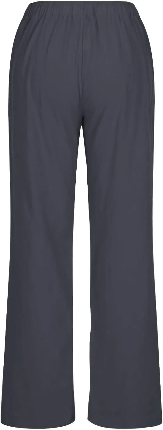 Women's Linen Pants - Solid Color Drawstring Waist Wide Leg Casual Trousers, Loose Fit Long Palazzo Lounge Pants