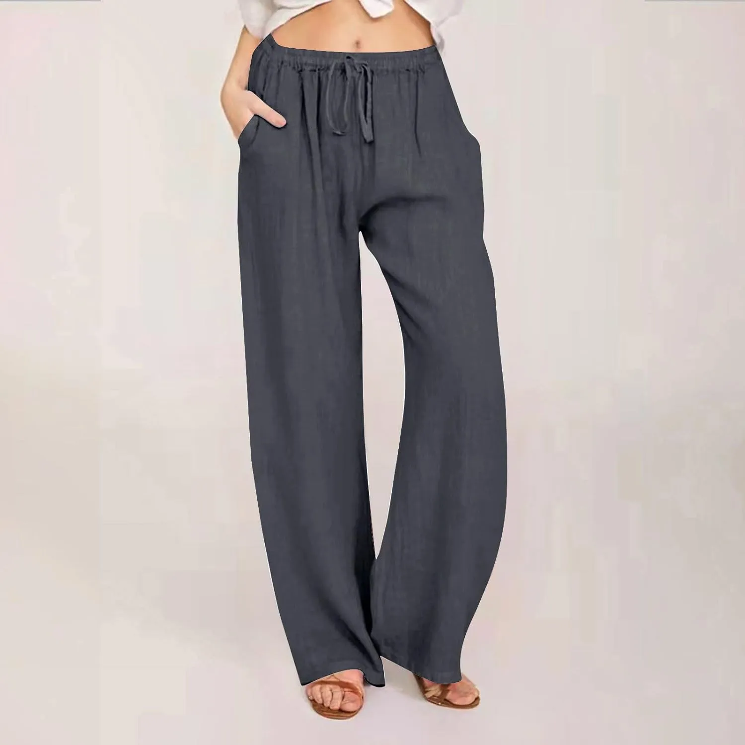 Women's Linen Pants - Solid Color Drawstring Waist Wide Leg Casual Trousers, Loose Fit Long Palazzo Lounge Pants