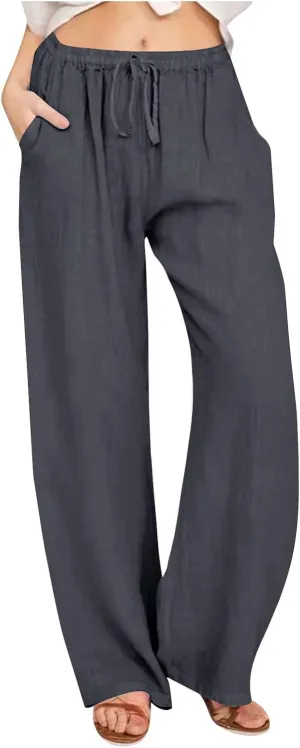 Women's Linen Pants - Solid Color Drawstring Waist Wide Leg Casual Trousers, Loose Fit Long Palazzo Lounge Pants