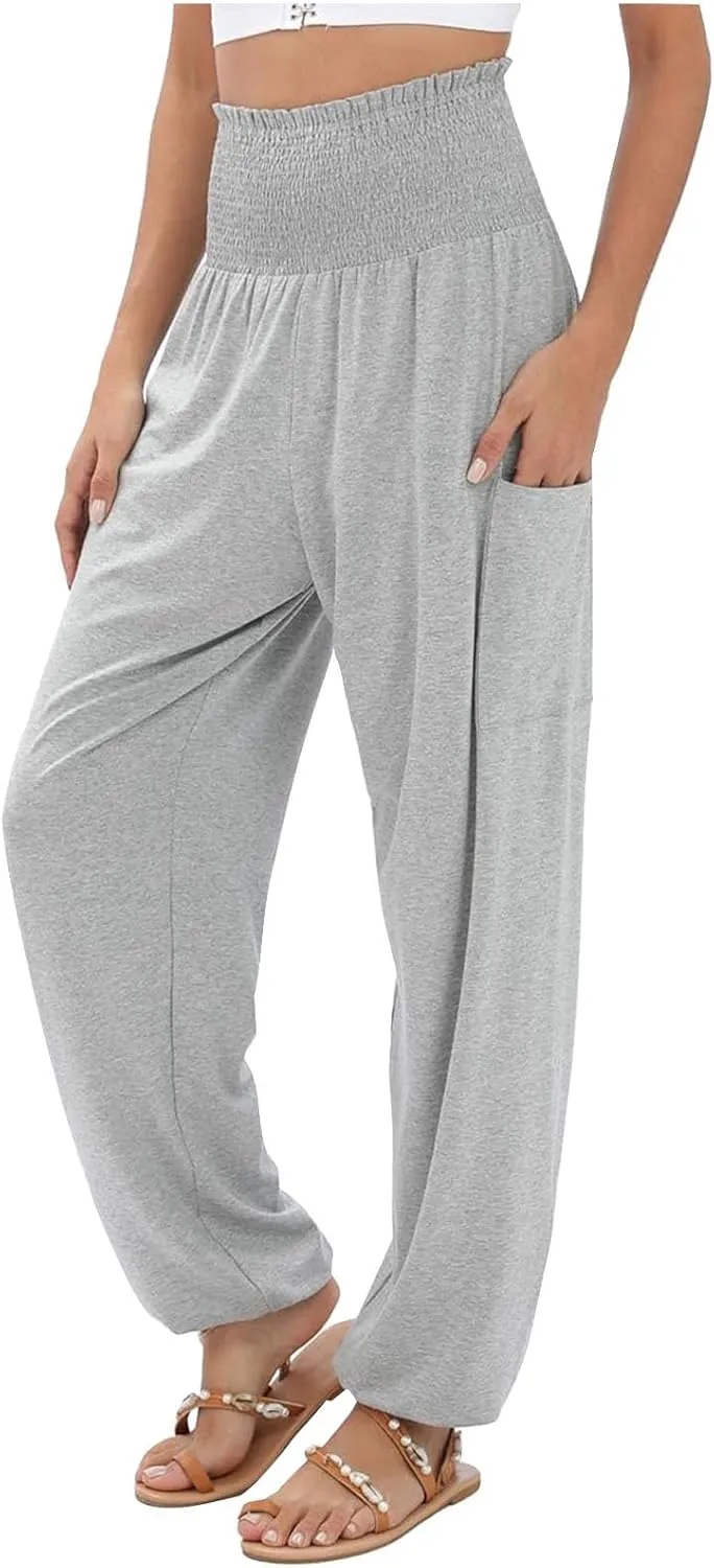 Womens Linen Summer Casual Palazzo Pants Elastic Waisted Baggy Stretchy Loose Fit Trouser Travel