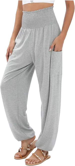 Womens Linen Summer Casual Palazzo Pants Elastic Waisted Baggy Stretchy Loose Fit Trouser Travel
