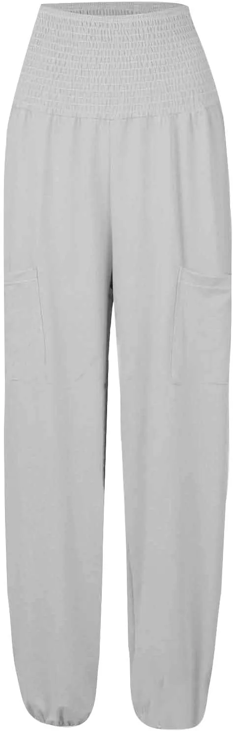 Womens Linen Summer Casual Palazzo Pants Elastic Waisted Baggy Stretchy Loose Fit Trouser Travel