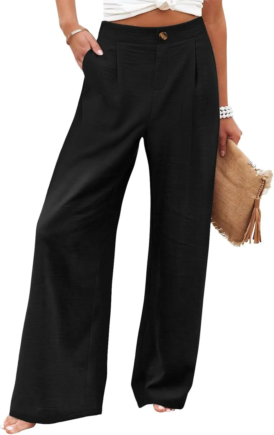 Women's Linen Summer Casual Pant Trousers Elastic Waisted Stretchy Straight Slim Fit Pants Work Business