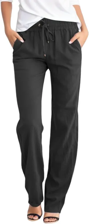 Women's Linen Summer Print Palazzo Pants Low Waist Long Lounge Slim-Fit Pant Trousers Office