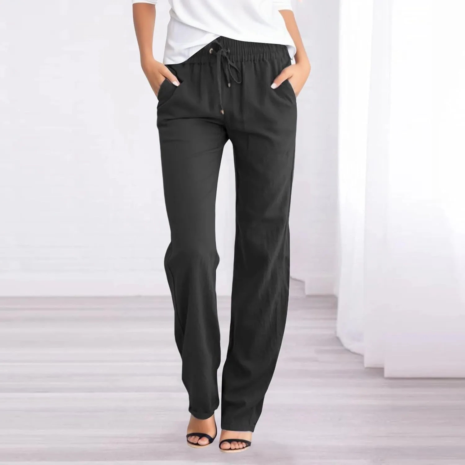 Women's Linen Summer Print Palazzo Pants Low Waist Long Lounge Slim-Fit Pant Trousers Office