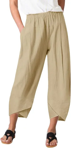 Women's Linen Summer Printed Palazzo Pants Elastic Waisted Wide Leg Slim Fit Pant Trousers Business Work