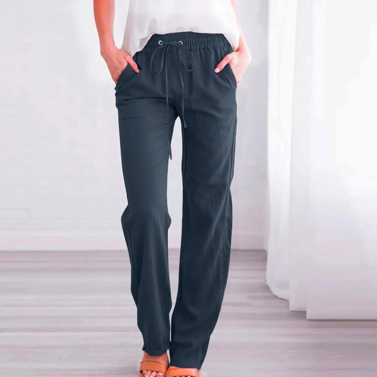 Women's Linen Summer Pull On Pants High Waist Ankle Length Loose Fit Palazzo Lounge Pants Beach