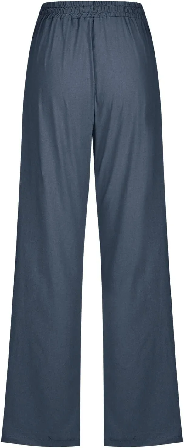 Women's Linen Summer Pull On Pants High Waist Ankle Length Loose Fit Palazzo Lounge Pants Beach