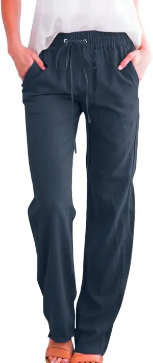 Women's Linen Summer Pull On Pants High Waist Ankle Length Loose Fit Palazzo Lounge Pants Beach