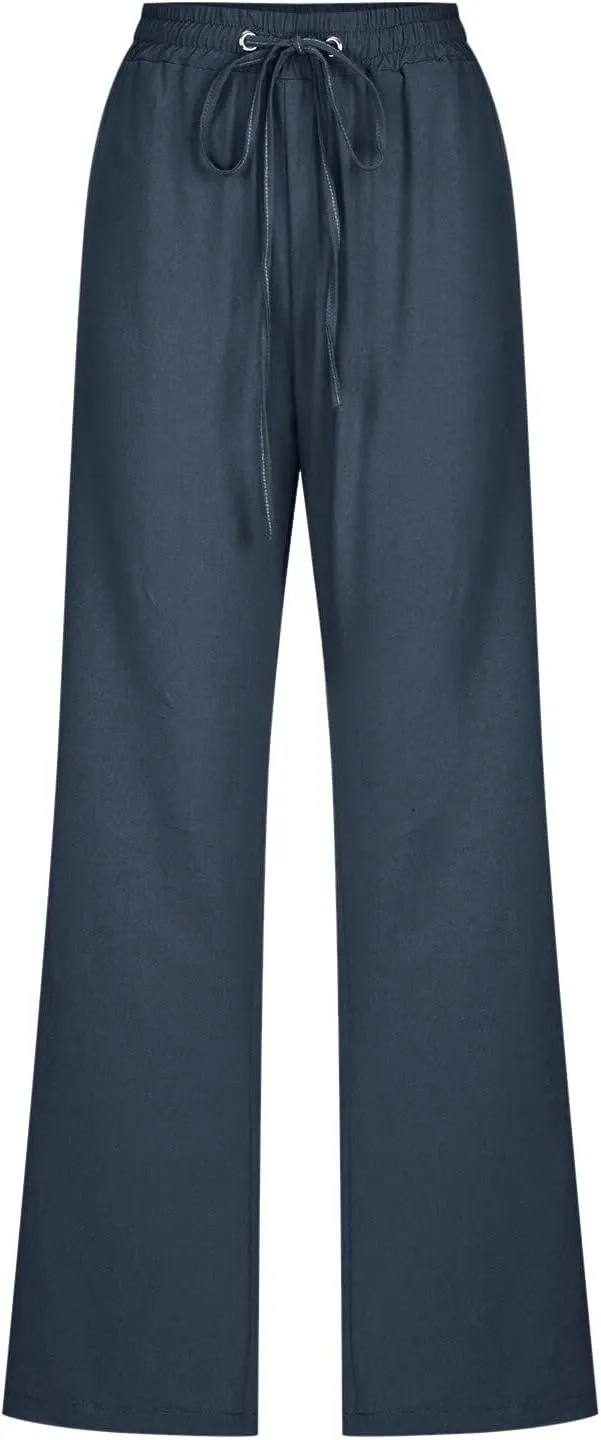 Women's Linen Summer Pull On Pants High Waist Ankle Length Loose Fit Palazzo Lounge Pants Beach
