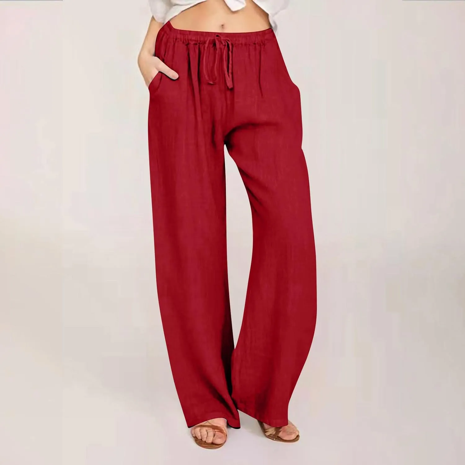 Womens Linen Wide Leg Palazzo Pants Casual Loose Drawstring Summer Beach Travel Vacation Harem Pants with Pockets